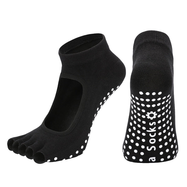 Black 3 Pack Women's Non Slip Five Finger Yoga Open Back Combed Cotton Pilates & Fitness Grip For Professional Exercise Socks
