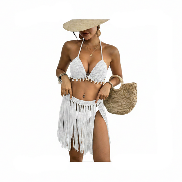 White Womens Hand Crocheted Two Piece Bikini Set With Shell Accents And Tassel Skirt Swimwear