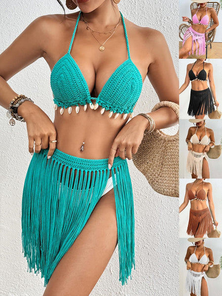 White Womens Hand Crocheted Two Piece Bikini Set With Shell Accents And Tassel Skirt Swimwear