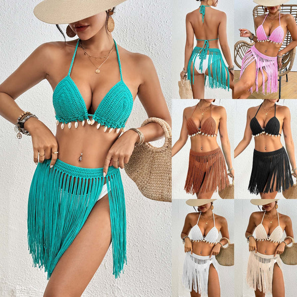 White Womens Hand Crocheted Two Piece Bikini Set With Shell Accents And Tassel Skirt Swimwear