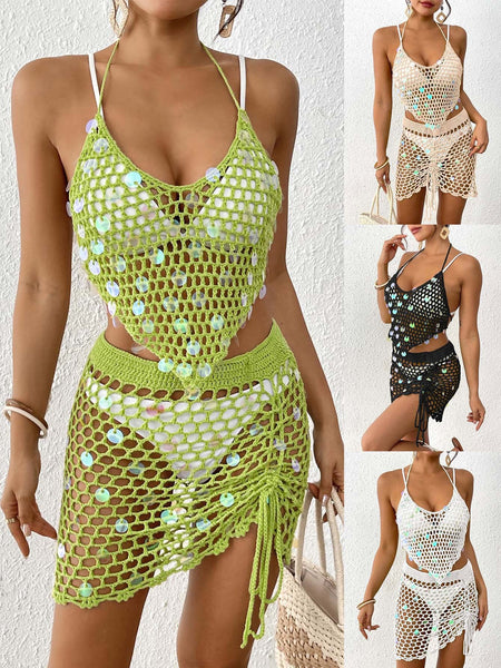 White Womens Hand Crocheted Beachwear Set With Sequin Embellishments Boho Style Two Piece Bikini Cover Up Swimwear