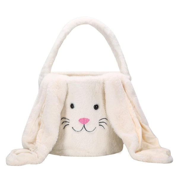 White Cute Plush Bunny Easter Basket With Long Ears And Personalization Option For Kids Egg Hunt Spring Celebration Seasonal Decorations