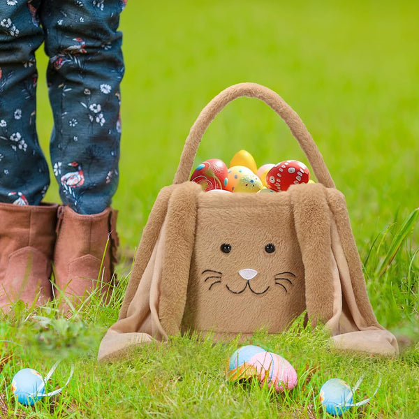 White Cute Plush Bunny Easter Basket With Long Ears And Personalization Option For Kids Egg Hunt Spring Celebration Seasonal Decorations