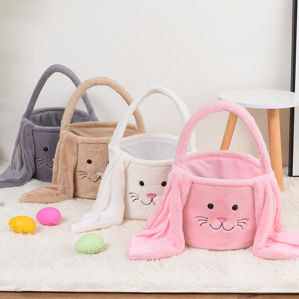 White Cute Plush Bunny Easter Basket With Long Ears And Personalization Option For Kids Egg Hunt Spring Celebration Seasonal Decorations