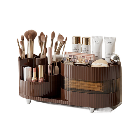 Elosung Rotating Cosmetics Storage Box With Three Layers Of Milk Tea Brown Makeup Bags & Cases