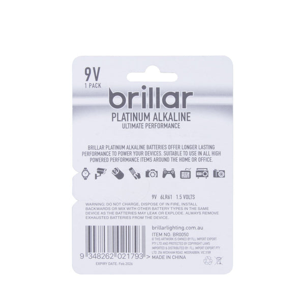 2 Pack Brillar 9V Platinum Alkaline Battery Single Use Batteries