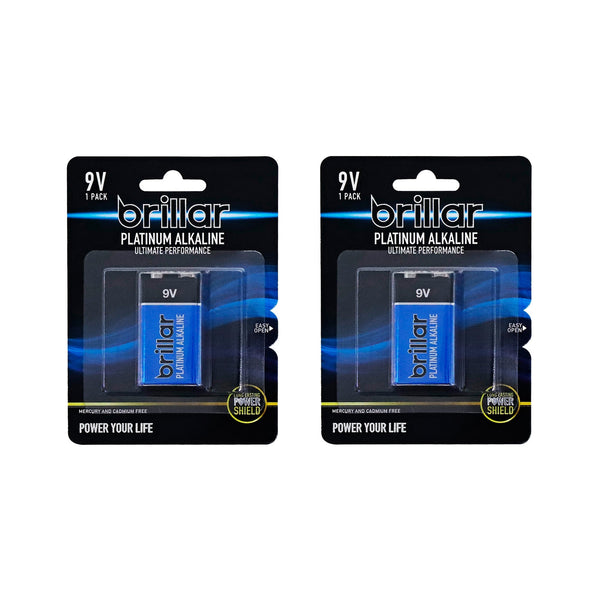 2 Pack Brillar 9V Platinum Alkaline Battery Single Use Batteries