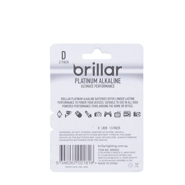 Brillar D Platinum Alkaline Batteries 2Pk Single Use Batteries