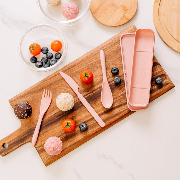 Clevinger Reusable Wheat Straw Fibre Cutlery Set With Case Pink Cutlery Sets