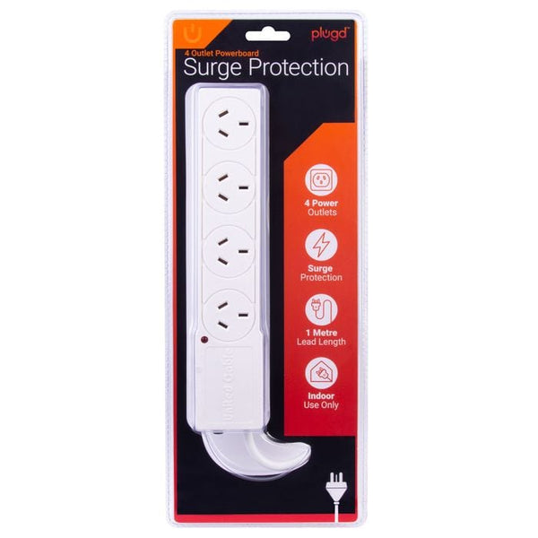 4 Outlet Powerboard With Surge Protection 1M Lead Cable Power Strips & Surge Protectors