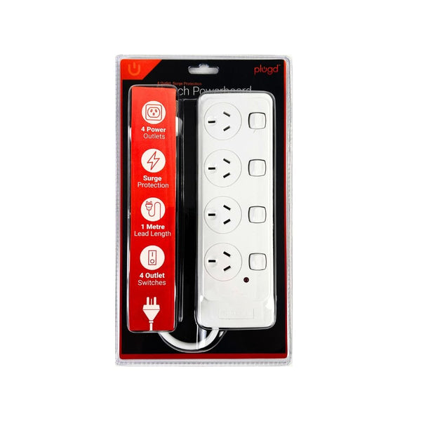 4 Outlet Power Board With Surge Protection Individual Switches 1M Lead Cable Power Strips & Surge Protectors