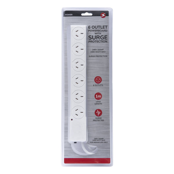 6 Outlet Power Board With Surge Protection 1M Lead Cable Power Strips & Surge Protectors