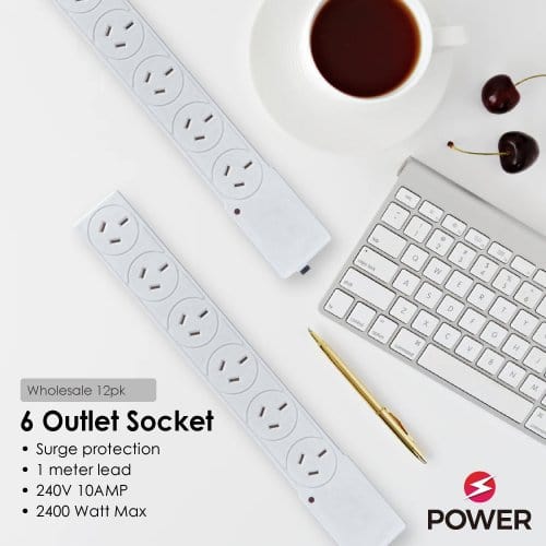 6 Outlet Power Board With Surge Protection 1M Lead Cable Power Strips & Surge Protectors