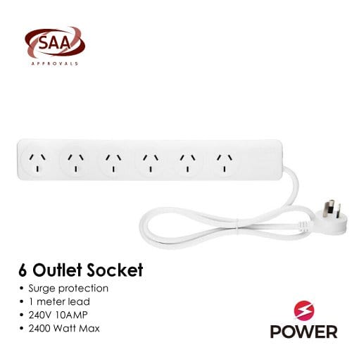 6 Outlet Power Board With Surge Protection 1M Lead Cable Power Strips & Surge Protectors