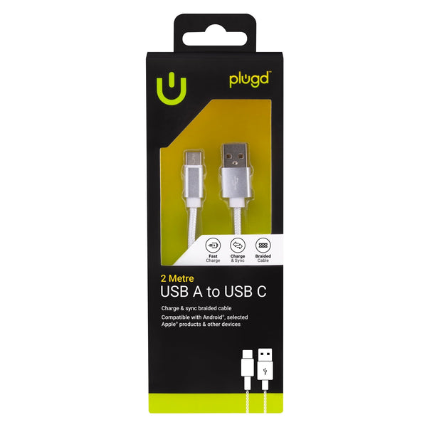 2M Usb A To C Braided Charge & Sync Cable Usb Cables Hubs & Adapters