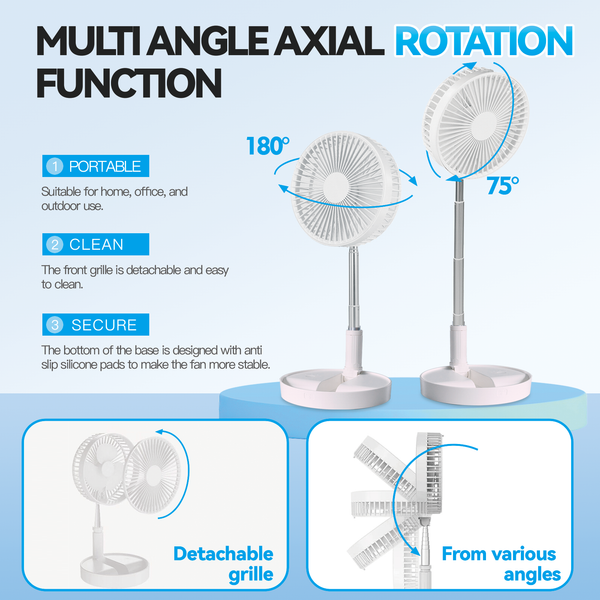 Folding Telescopic 4.5W Portable Height/Tilt Adjustable Rechargeable Cordless Fan Portable Fans