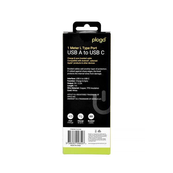 1M Usb A To C Right Angle 90 Degree L Shape Fast Charging Cable Cables & Adapters