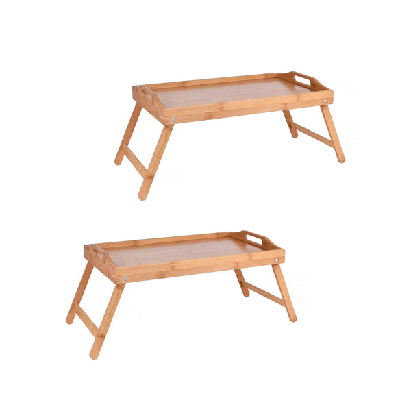 2 X Bamboo Bed Table Breakfast/Snack Serving Tray With Foldable Legs Trays
