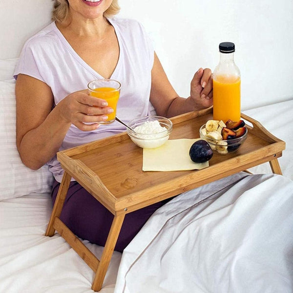 2 X Bamboo Bed Table Breakfast/Snack Serving Tray With Foldable Legs Trays
