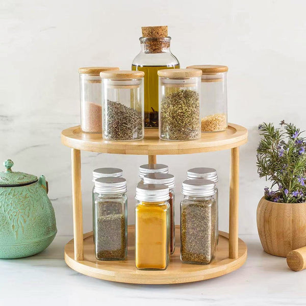 Lazy Susan 2 Tier Rotating Spice Rack Turnable Kitchen Shelf Bamboo Organiser Spice Jars & Racks