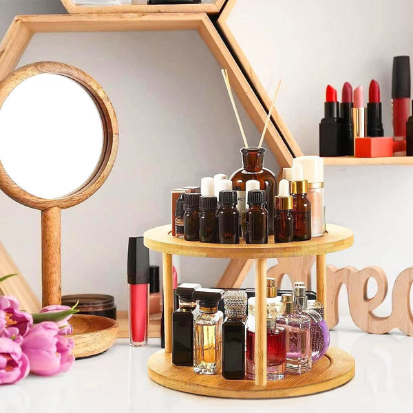 Lazy Susan 2 Tier Rotating Spice Rack Turnable Kitchen Shelf Bamboo Organiser Spice Jars & Racks