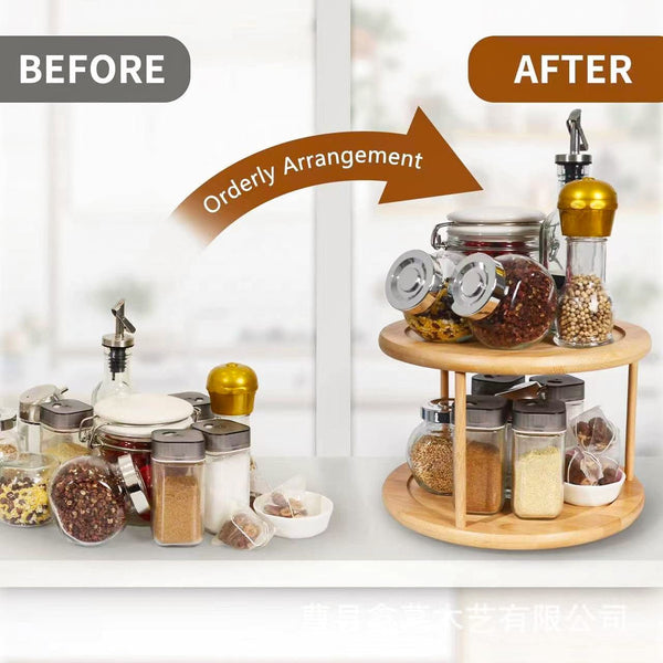 Lazy Susan 2 Tier Rotating Spice Rack Turnable Kitchen Shelf Bamboo Organiser Spice Jars & Racks
