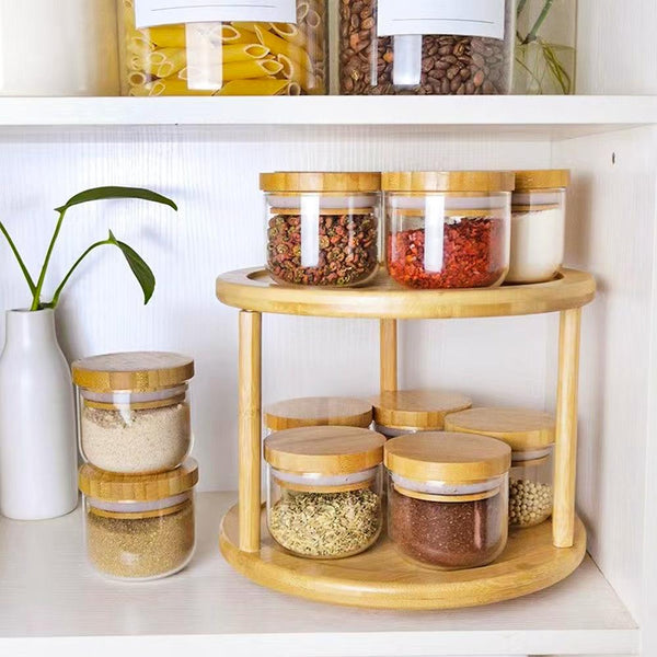 Lazy Susan 2 Tier Rotating Spice Rack Turnable Kitchen Shelf Bamboo Organiser Spice Jars & Racks