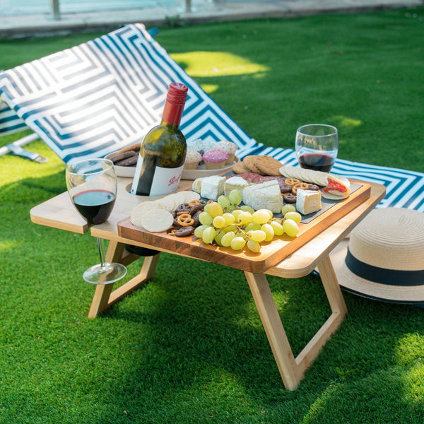 Bamboo Foldable Picnic Table Tray With Wine And Glass Holders Picnic Accessories