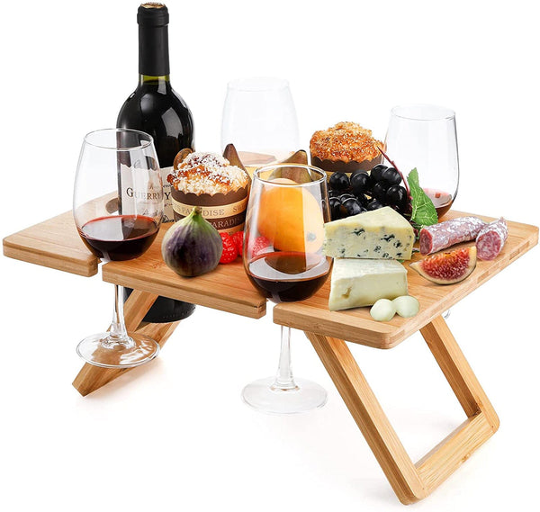Bamboo Foldable Picnic Table Tray With Wine And Glass Holders Picnic Accessories