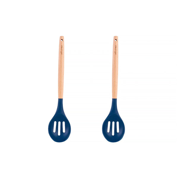 2Pcs Beechwood & Silicone Slotted Spoon Navy Cooking Utensils