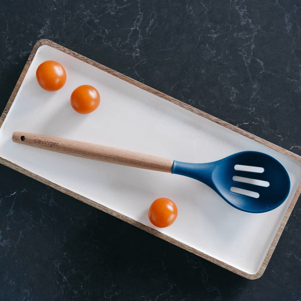 2Pcs Beechwood & Silicone Slotted Spoon Navy Cooking Utensils
