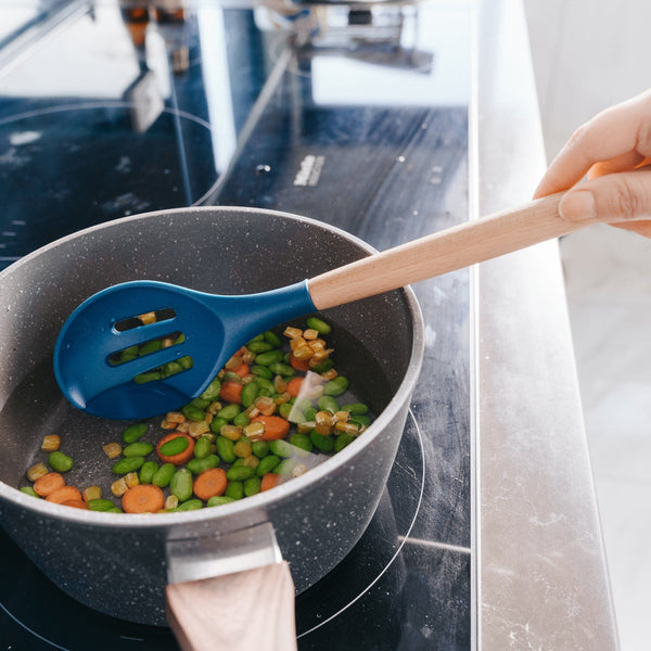 2Pcs Beechwood & Silicone Slotted Spoon Navy Cooking Utensils