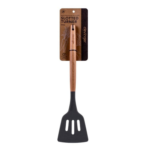Beechwood & Silicone Slotted Turner Charcoal Cooking Utensils