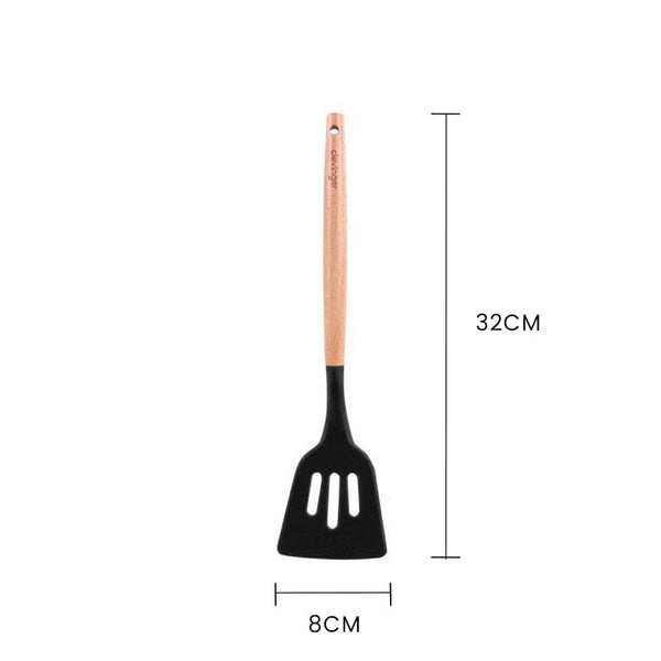 Beechwood & Silicone Slotted Turner Charcoal Cooking Utensils