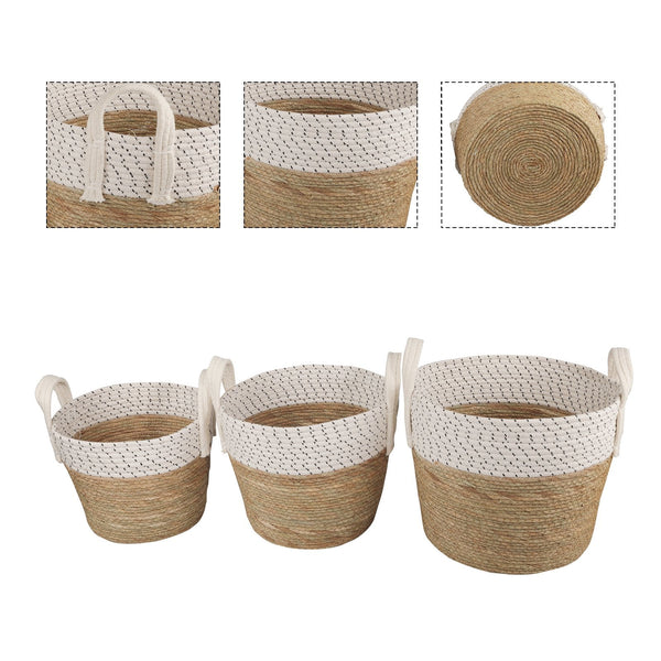 3 Piece Cotton Rope Stripe Carry Handles Storage Baskets Set Storage Bins & Baskets