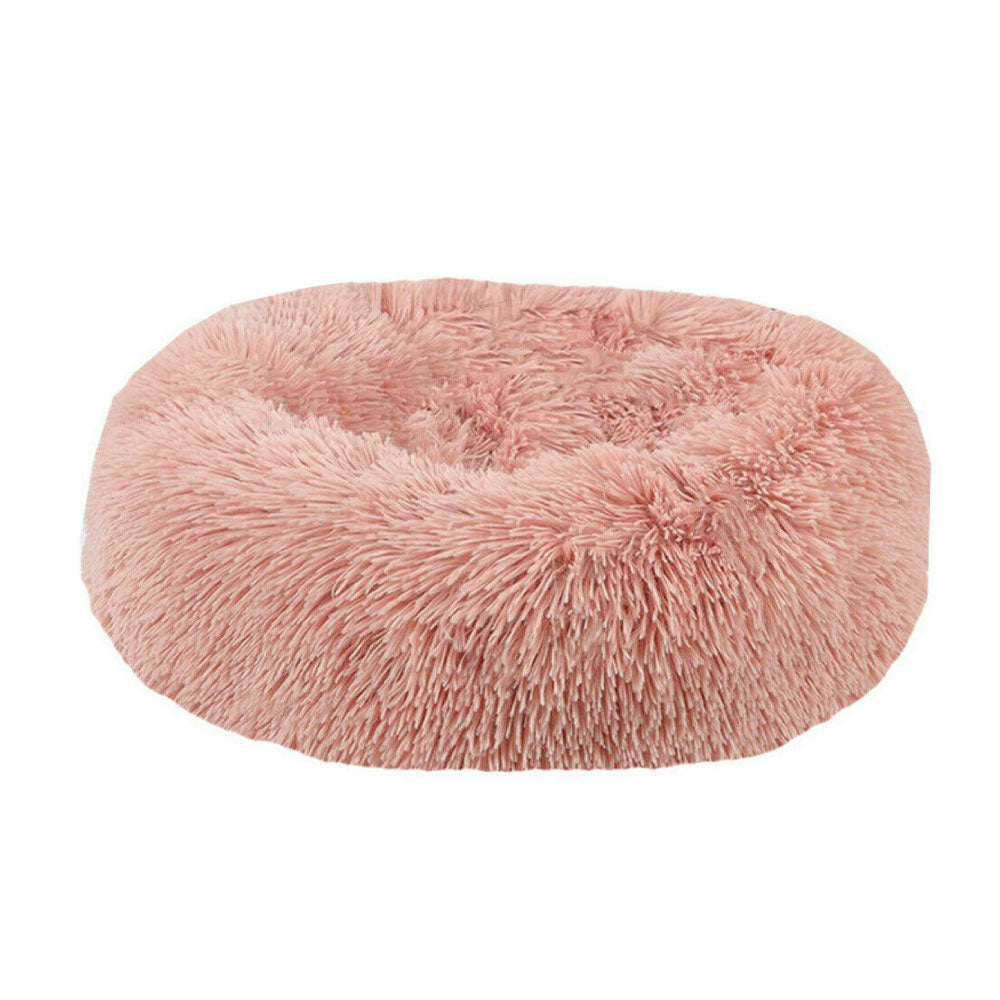 Plush Donut Faux Fur Calming Pet Nest Salmon Pink L Pet Beds