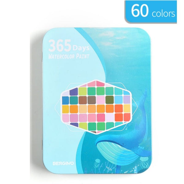 Water Paint Colour Set With Brush Metal Case Portable 60 Pcs Concentrated Block (Blue) Acrylic Paint