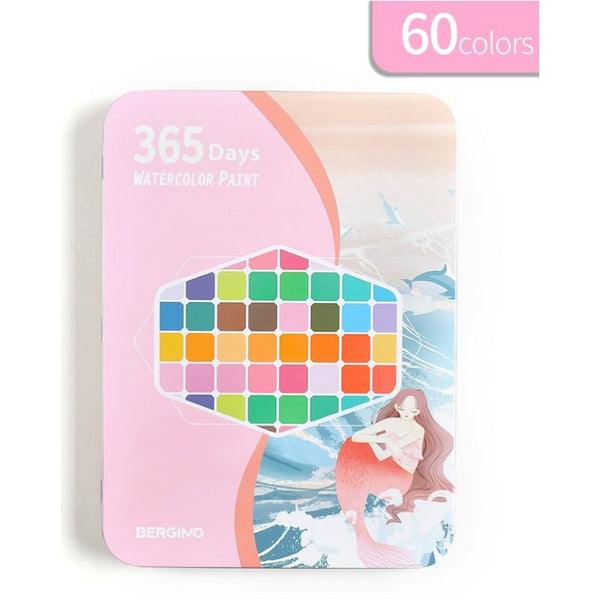 Water Paint Colour Set With Brush Metal Case Portable 60 Pcs Concentrated Block (Pink) Acrylic Paint