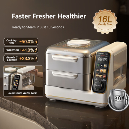 Hoper Layer Electric Food Steamer 16L Large Capacity 10 Second Start 24H Timer Independent Water Tank Electric Steamers