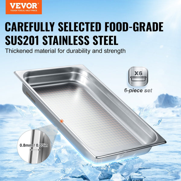 Vevor 6 Pack Hotel Pans Full Size Anti Jam Steam 0.8Mm Thick Stainless Steel Restaurant Table 2.5 Inch Deep Commercial Catering Storage Food For Indus