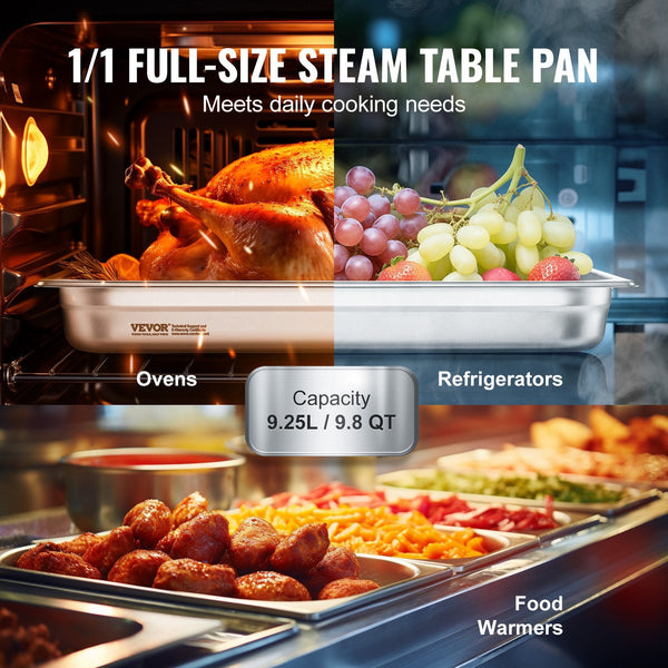 Vevor 6 Pack Hotel Pans Full Size Anti Jam Steam 0.8Mm Thick Stainless Steel Restaurant Table 2.5 Inch Deep Commercial Catering Storage Food For Indus