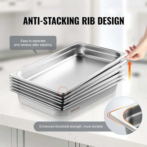 Vevor 6 Pack Hotel Pans Full Size Anti Jam Steam 0.8Mm Thick Stainless Steel Restaurant Table 2.5 Inch Deep Commercial Catering Storage Food For Indus