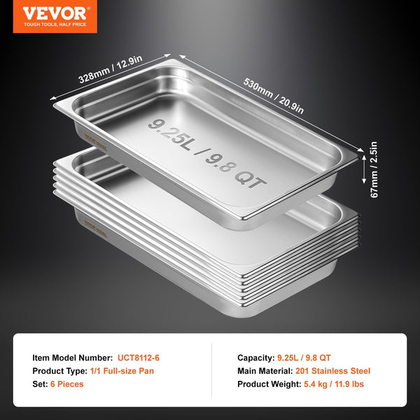 Vevor 6 Pack Hotel Pans Full Size Anti Jam Steam 0.8Mm Thick Stainless Steel Restaurant Table 2.5 Inch Deep Commercial Catering Storage Food For Indus