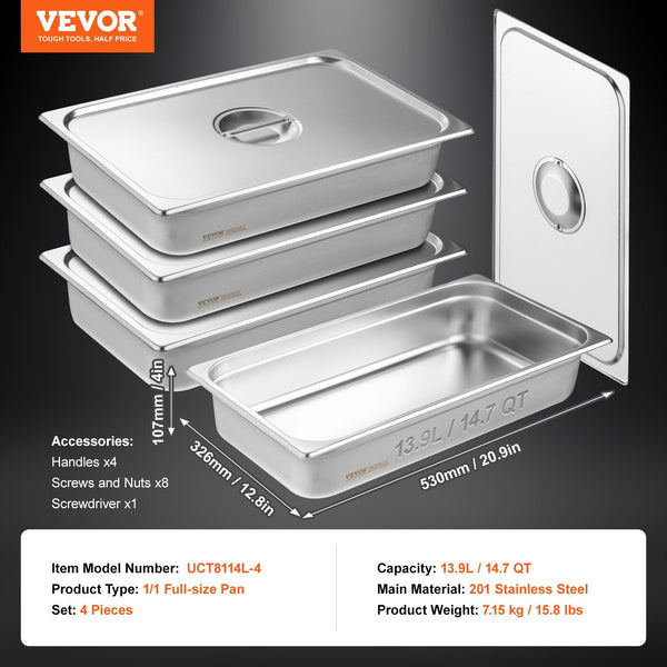Vevor 4 Pack Hotel Pans Full Size Anti Jam Steam With Lid 0.8Mm Thick Stainless Steel Table Inch Deep Commercial Catering Storage Food For Industrial