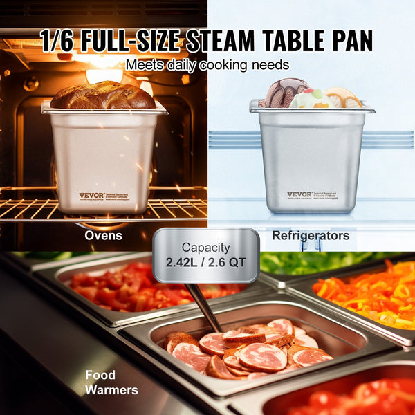 Vevor 6 Pack Hotel Pans 1/6 Size Anti Jam Steam 0.8Mm Thick Stainless Steel Restaurant Table 6 Inch Deep Commercial Catering Storage Food For Industri