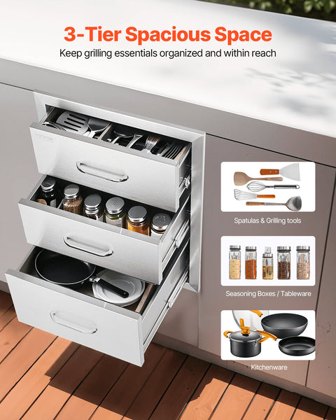 18X23 Inch Outdoor Kitchen Stainless Steel Triple Access Bbq Drawers With Chrome Handle Barbecue Accessories