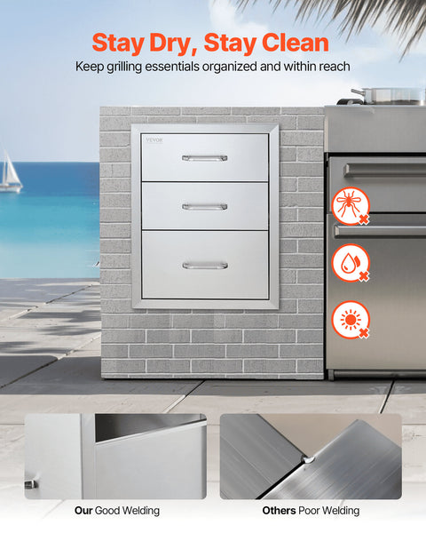 18X23 Inch Outdoor Kitchen Stainless Steel Triple Access Bbq Drawers With Chrome Handle Barbecue Accessories