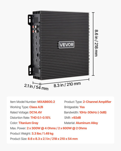 Car Audio Amplifier 2 Channel Bridgeable Full Range Class Ab Stereo Max. X 300W At 4 Ohms / 600W High Output For Suvs Pickups And Off Road Vehicles Ot