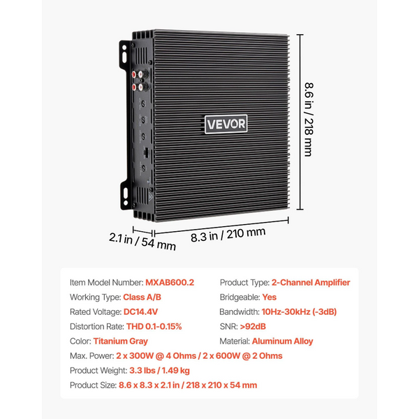 Car Audio Amplifier 2 Channel Bridgeable Full Range Class Ab Stereo Max. X 300W At 4 Ohms / 600W High Output For Suvs Pickups And Off Road Vehicles Ot