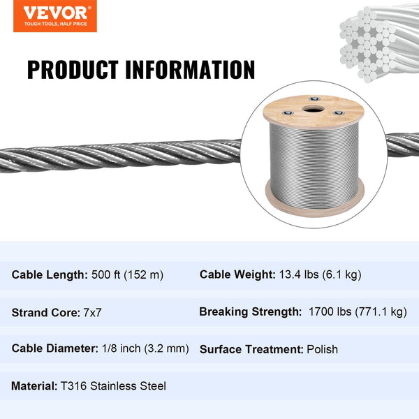 1/8 Stainless Steel Cable Railing 500Ft Wire Rope 316 Marine Grade Braided Aircraft 7X7 Strands Construction For Deck Balusters Stair Handrail Porch F